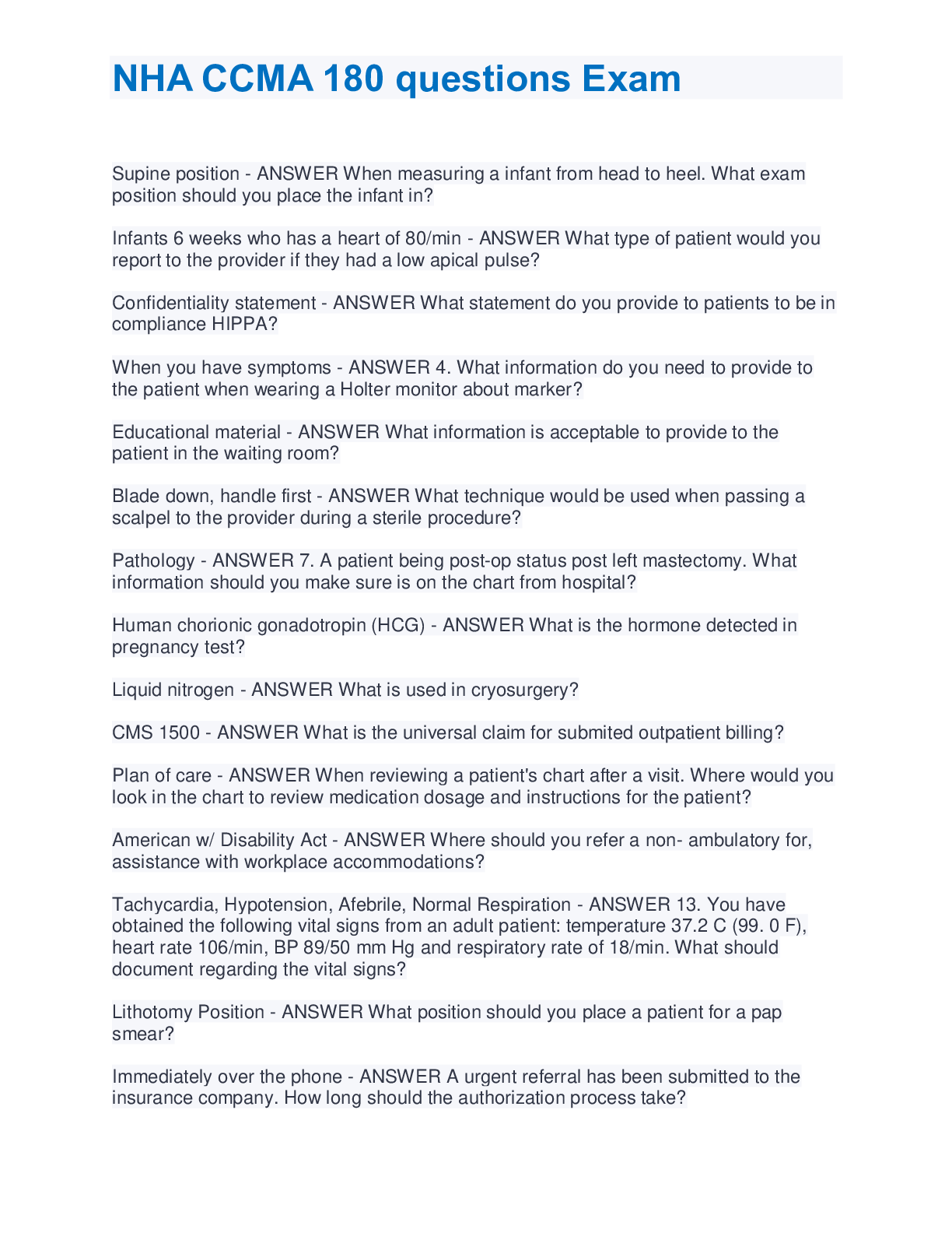 Preview image of NHA CCMA 180 questions Exam document